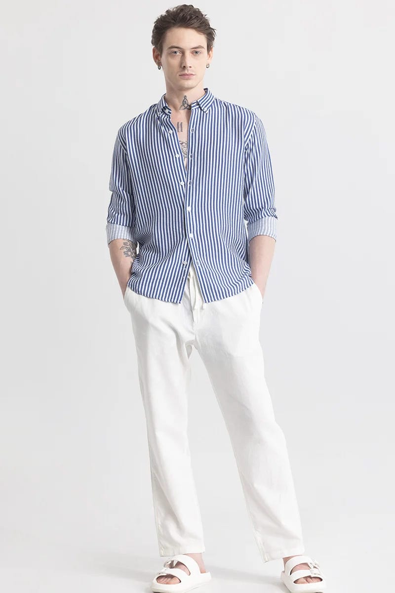 Men's Blue & White Vertical Striped Full Sleeve Shirt